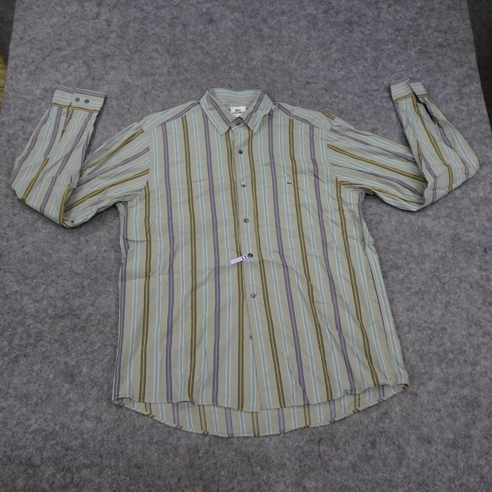 Lacoste Button Up Shirt Mens 42 Large Green Blue Long Sleeve Regular Fit Striped